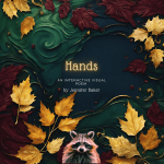 Title text reads: Hands: An Interactive Poem by Jennifer Baker The title is surrounded by autumn leaves. A raccoon appears in the bottom centre, its little hands poised.